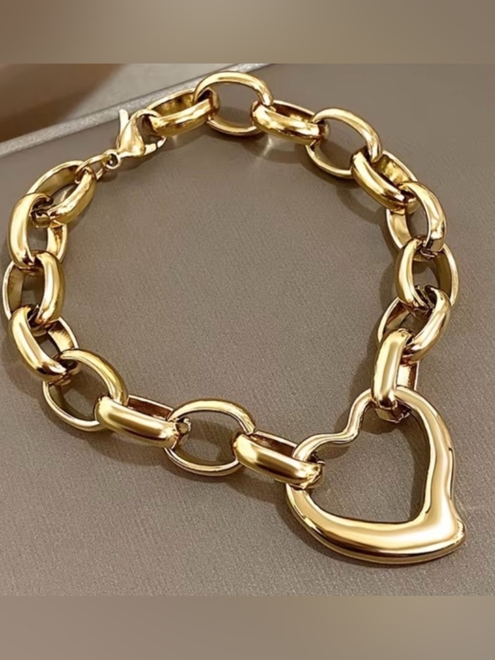 Gold Plated Heart Link Bracelet Chunky Statement Lobster Clasp Adjustable 8”
